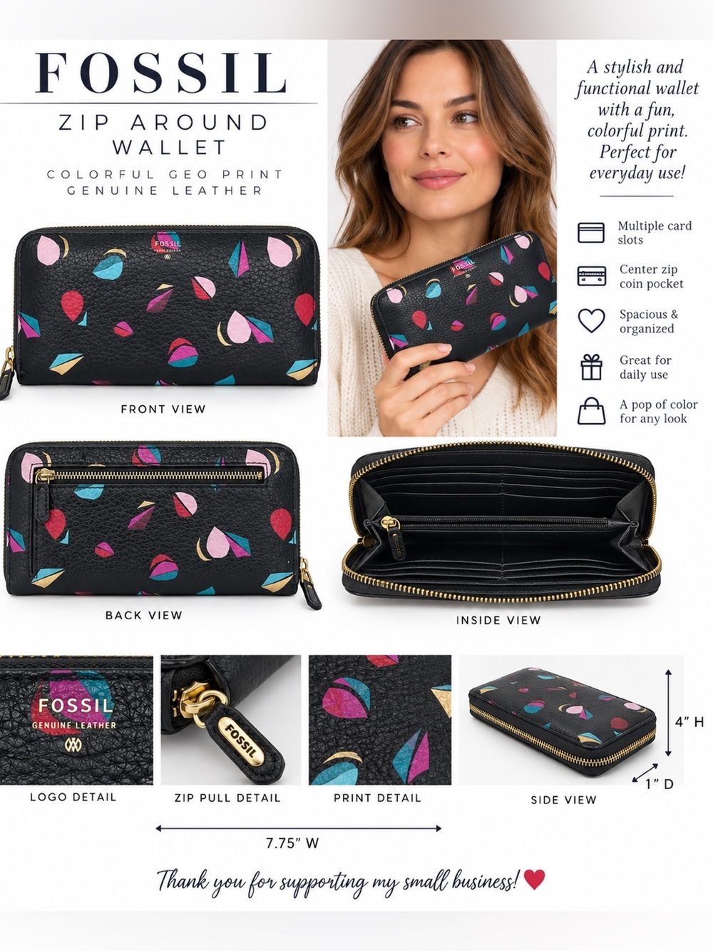 Fossil Black Leather Zip Around Wallet Colorful Geometric Print Continental
